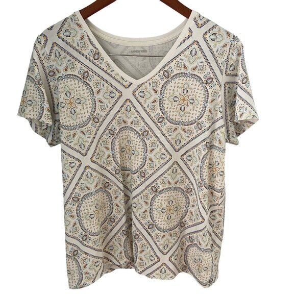 Lands End Mandala Medallion Print SZ Large V-Neck Top Cotton NEW w/o Tags - Picture 1 of 6